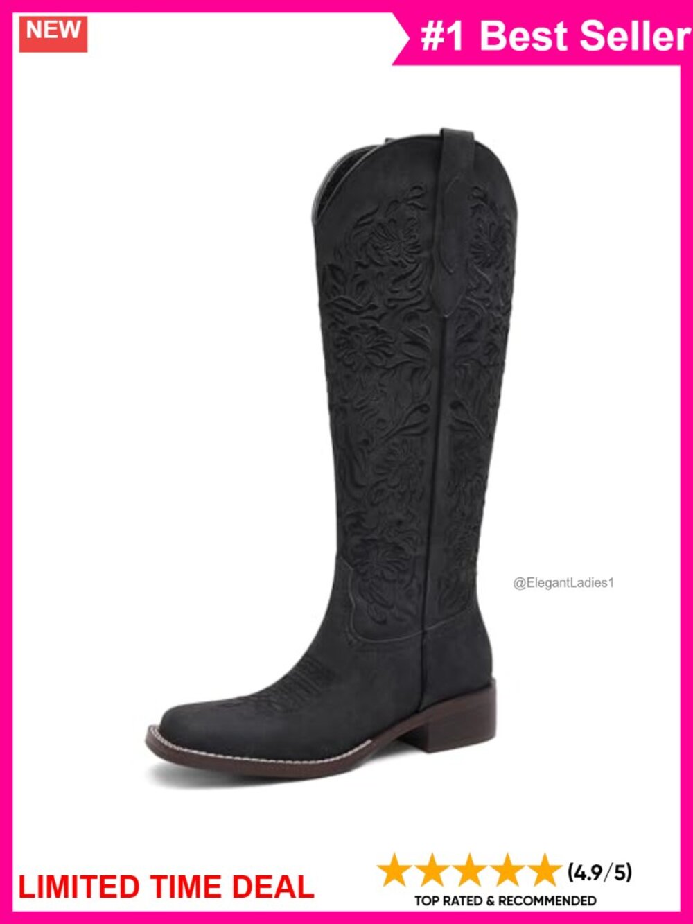 Embroidered Cowboy Boots Knee High Western Pull On Block Heel Square Toe